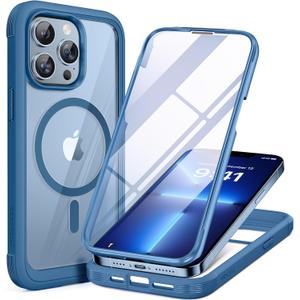 Miracase Magnetic for iPhone 13 Pro Max Case 6.7 inch, (Compatible with MagSafe) Upgrade Full-Body Clear Phone Bumper Case with Built-in 9H Tempered Glass Screen Protector, Magnetic Capri Blue