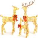 FUNNGO 3-Piece Large Lighted Christmas Deer Family Set with Bell Bow, Outdoor Reindeer Yard Decorations with 200 LED Lights, 10:1 Flickering Lights (Gold)