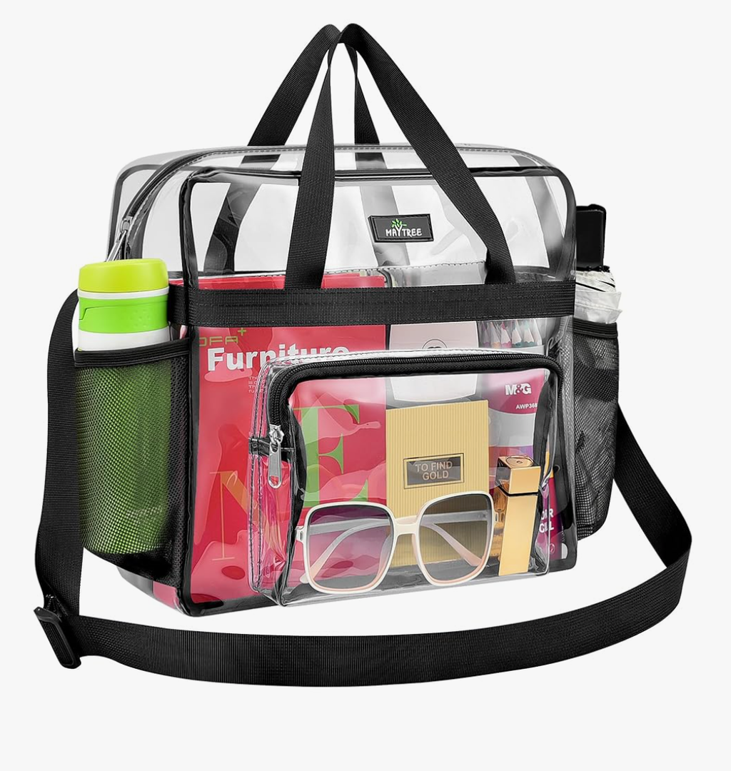MAY TREE Clear Bag for Stadium Events 12×6×12 Clear Tote Lunch Bag with Reinforced Strap for Work, Concert and Sports, Black