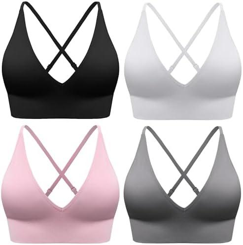 Evercute Women's Sports Bras 4 Pack Adjustable Deep V Neck Bras Wireless Spaghetti Strap Criss Cross Padded Low Support Bra XL