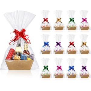 50 Pcs Empty Gift Basket Set 12 Pcs Basket for Gifts Empty Kraft Market Tray with Handles, 18 Bags, and 20 Multicolor Bows for Christmas Wedding Birthday (8 x 6 x 3 Inches)