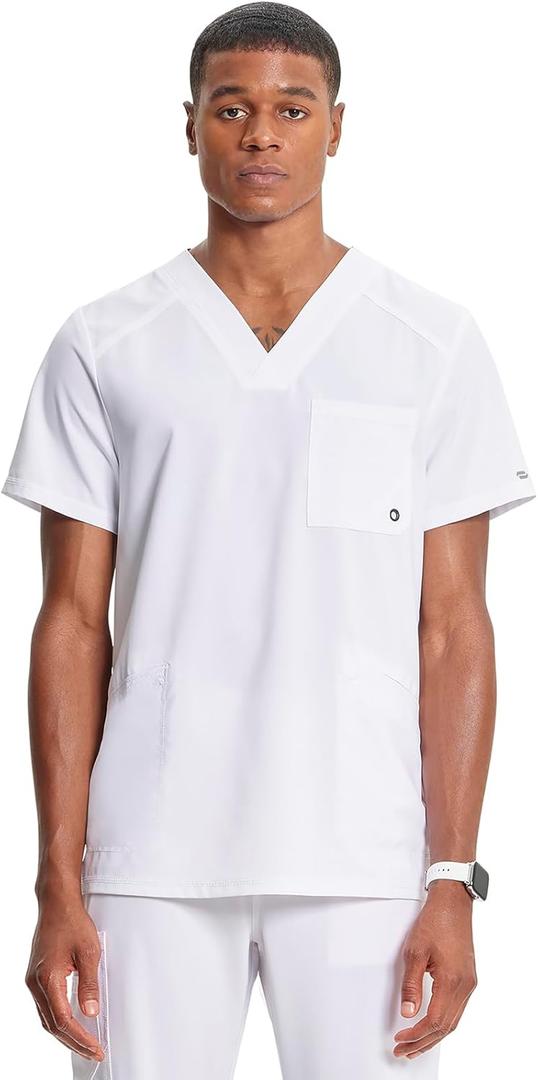 Cherokee Infinity Mens V-Neck Scrub Top Modern Fit, 3 Pockets, Rib-Knit Back Panels, Moisture-Wicking 360 Stretch  CK900A (Medium, White)