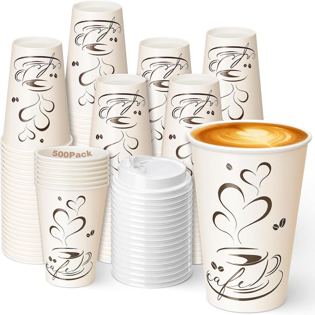 Jingmore 500 Pack 12 oz Disposable Coffee Cups with Lids, Paper to Go Cups for Hot & Cold Drinks for Cafe, Office, Events, Parties (White Lid)