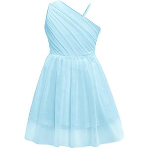 Batermoon Girls One Shoulder Dress Summer Party Graduation Semi Formal Short Dresses 5-14 Years (Blue)