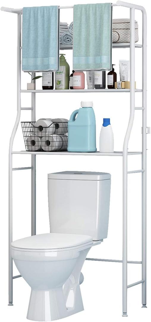 UDEAR 3-Tier Over The Toilet Rack, Bathroom Shelf Space Saver, Corner Stand Storage Organizer Accessories, The Washing Machine, with Hanging Rod, Tower Shelf, White