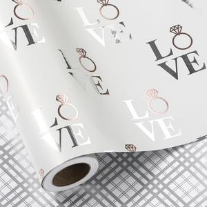 LeZakaa Reversible Wedding Wrapping Paper Roll, Love with Ring & Plaid Design Silver Foil for Wedding, Engagement, Bridal Shower, Anniversay, Large Roll, 30 inches x 32.8 Feet (92.9 sq.ft.)