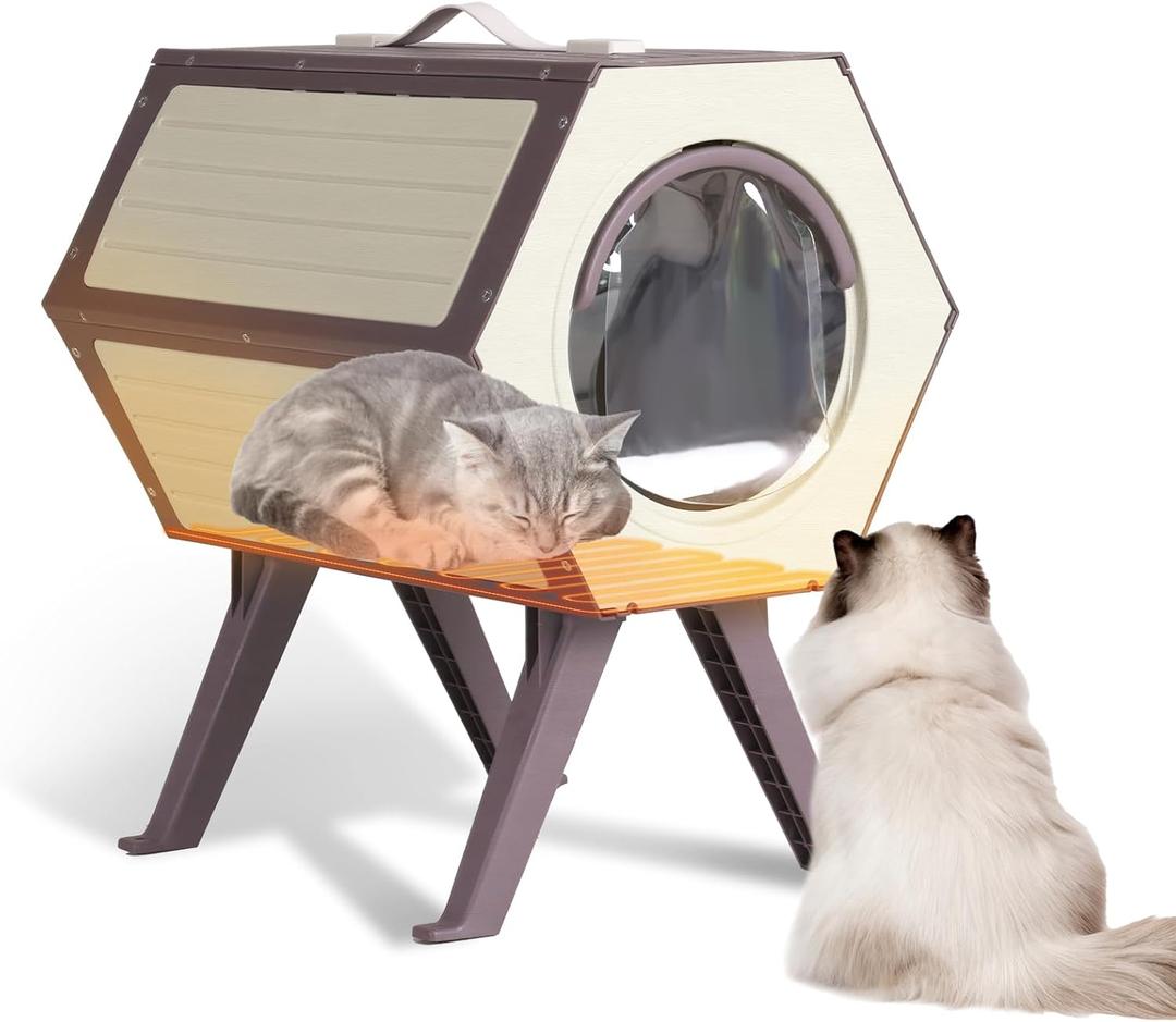 Heated Cat House for Outdoor Winter,Combined Cat Condo with Adjustable Temperature and Time Insulated Outdoor or Indoor Cat Shelter for Feral with Escape Door (White and Brown, 1 Set)