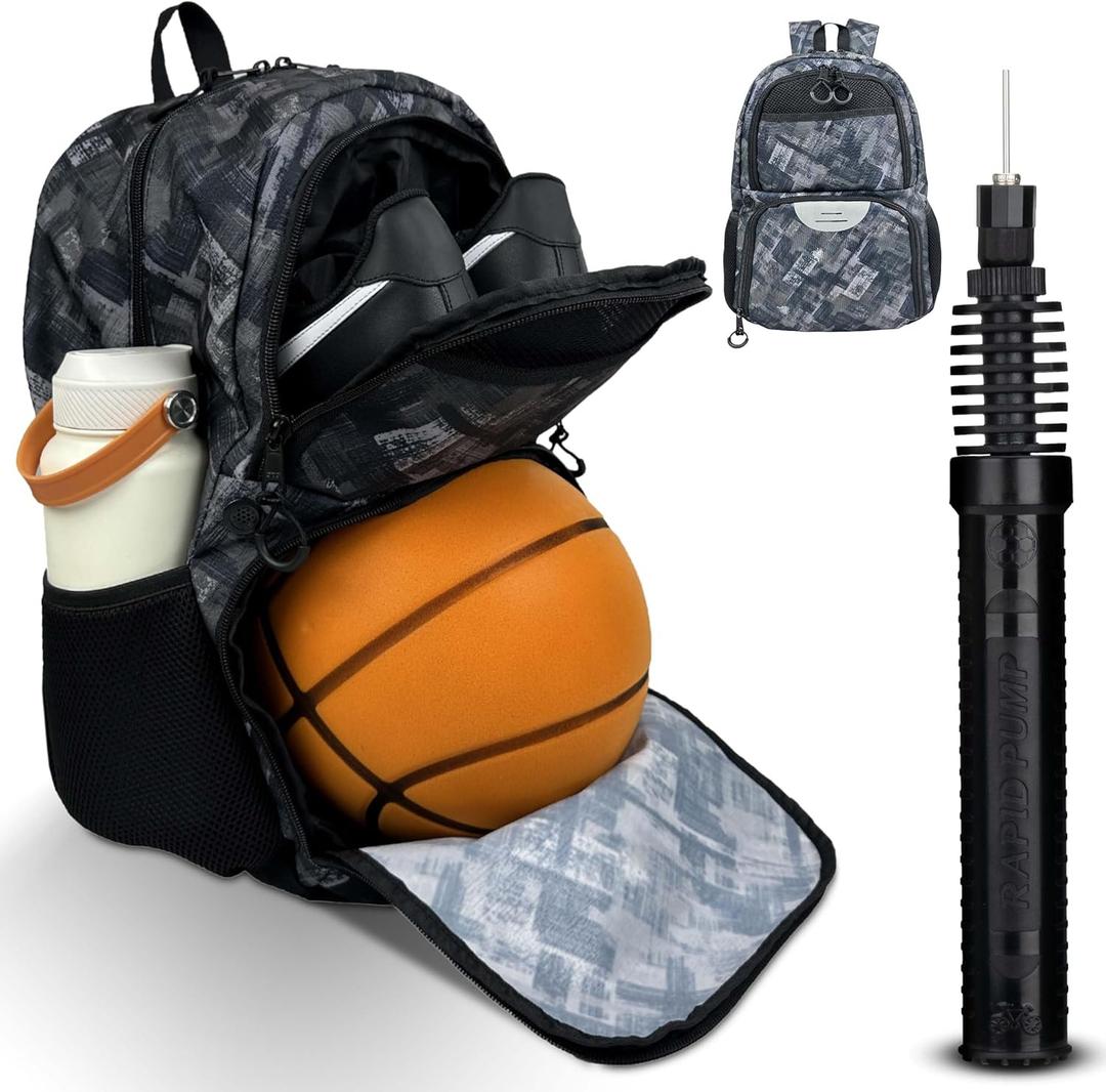 Soccer & Basketball Sports Bag with Ball Pump - Basketball Backpack with Separate Ball & Shoes Holder Compartment, Soccer Basketball Football & Volleyball Bag with Large Capacity (Grey)