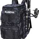PLUSINNO Fishing Backpack with Rod Holders Tackle Box, 42L Large Water-resistant Fishing Tackle Bag Store Fishing Gear (Black Camouflage.)