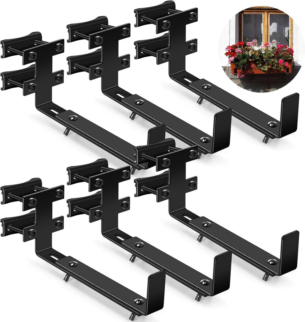 MorningRo 6 Pcs Window Box Brackets Adjustable Planter Box Brackets Heavy Duty Deck Railing Planter Flower Holder for Railing Patio Garden Fence Balcony Outdoor