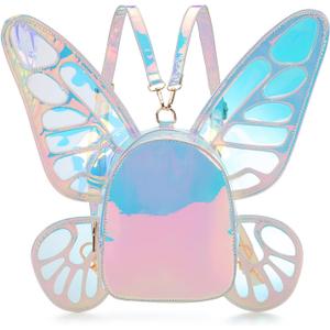Women's Laser Holographic Backpack Butterfly Angel Wings Casual Daypack Shoulder Bag (Laser Light Blue)