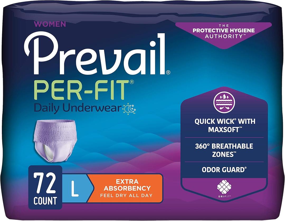Prevail Per-Fit for Women Daily Protective Underwear, Pull-up Disposable Adult Diaper for Women, Extra Absorbency, Large, 72 Count (4 Packs of 18)