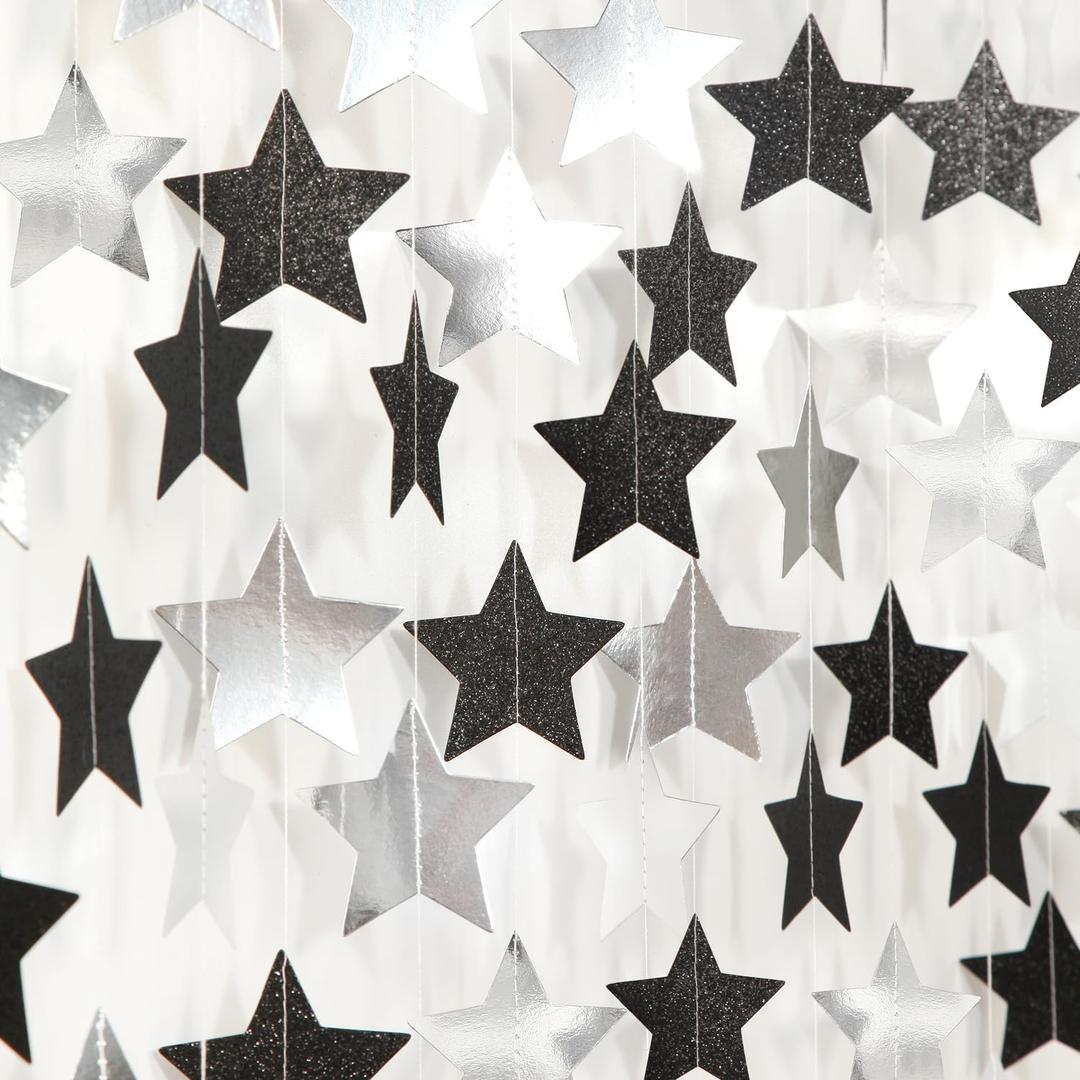 Black-Silver Birthday Graduation Party-Decorations Garland - 62ft Glitter Twinkle Little Star Hanging Streamers Banner Decor,Bachelorette Wedding Baby Bridal Shower New Years Supplies Backdrop Hugtmr