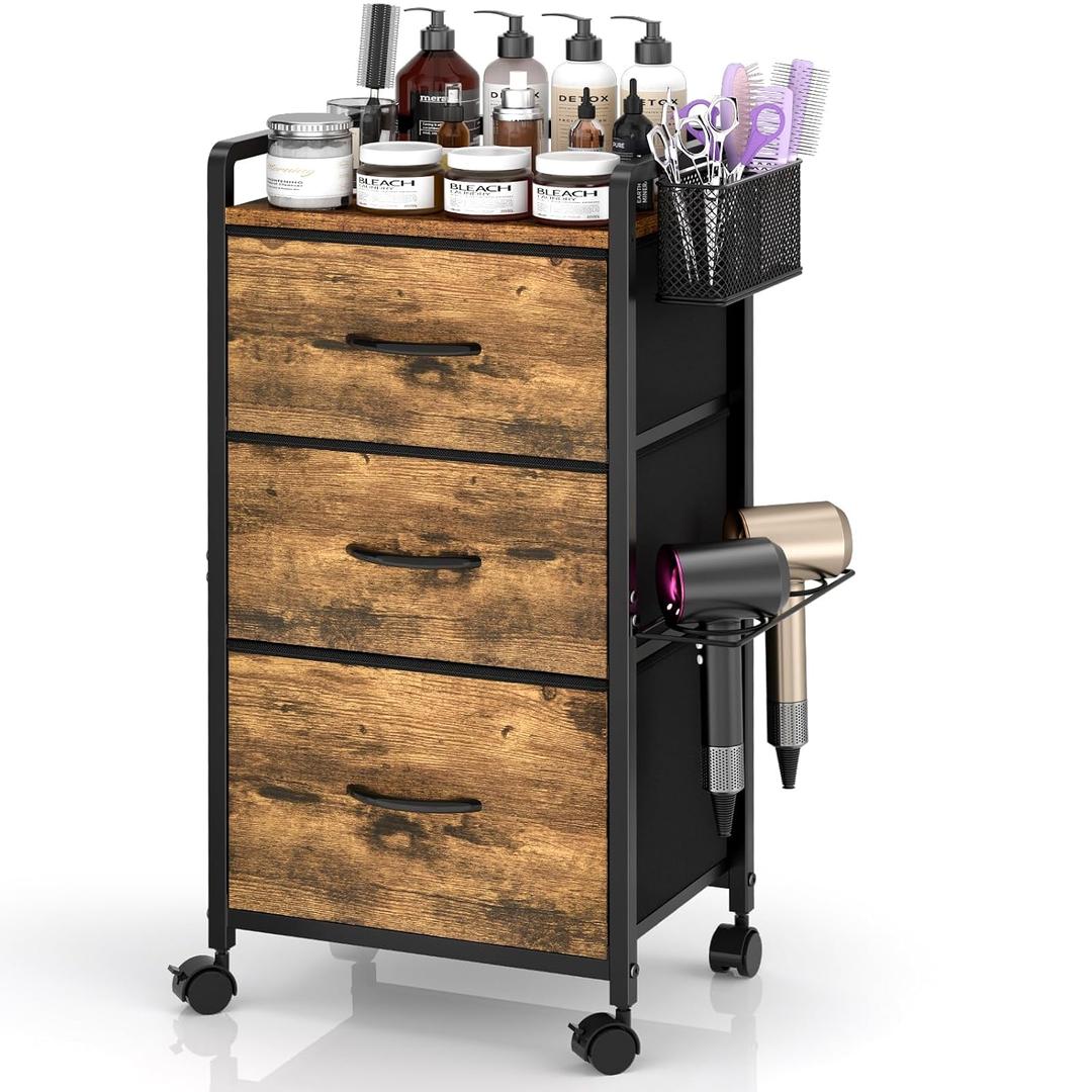 Salon Station for Hair Stylist, Rolling Salon Trolley Cart with Wheels, Beauty Barber Station with Metal Tool Holder & 3 Fabric Drawers, Mobile Storage Cabinet for Barbershop, Spa&Tattoo, Rustic Brown