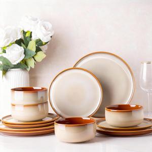 LeRatio Ceramic Dinnerware Sets for 4,12-Piece Plates and Bowls,Handmade Reactive Glaze Dishes Set,Chip Resistant and Scratch Resistant | Oven Dishwasher & Microwave Safe,Service for 4-Khaki