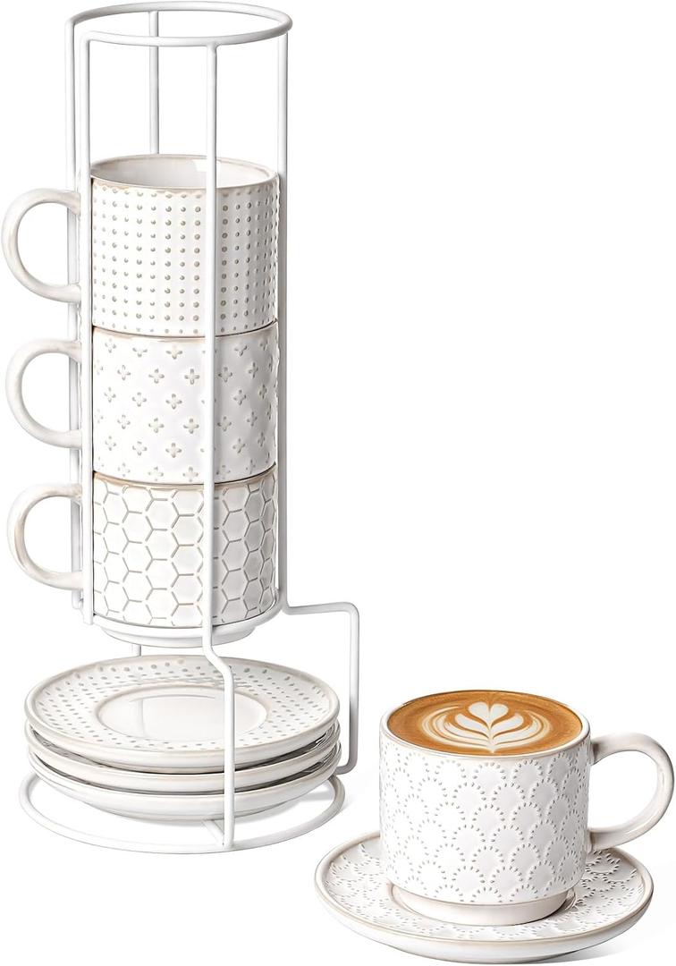 LE TAUCI 8 oz Stackable Latte Cups with Saucers and Stand, Set of 4, Large Ceramic Coffee Cup and Saucer Set for Tea, Cafe Au Lait, Microwave & Oven Safe  Embossed White
