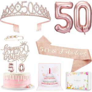50th Birthday Gifts Decorations for Women, Including 50th Cake Toppers, Birthday Queen Sash with Pearl Pin, Sweet Rhinestone Tiara Crown, Number Candles and Balloons Set, Rose Gold