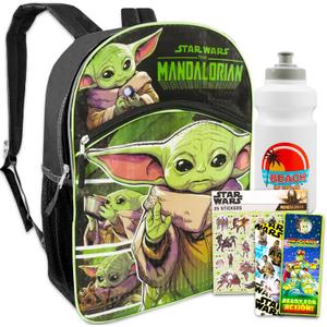 Baby Yoda Backpack for Boys 8-12 Set - Mandalorian Backpack for Boys Bundle with Water Bottle, Stickers, More | Star Wars School Supplies