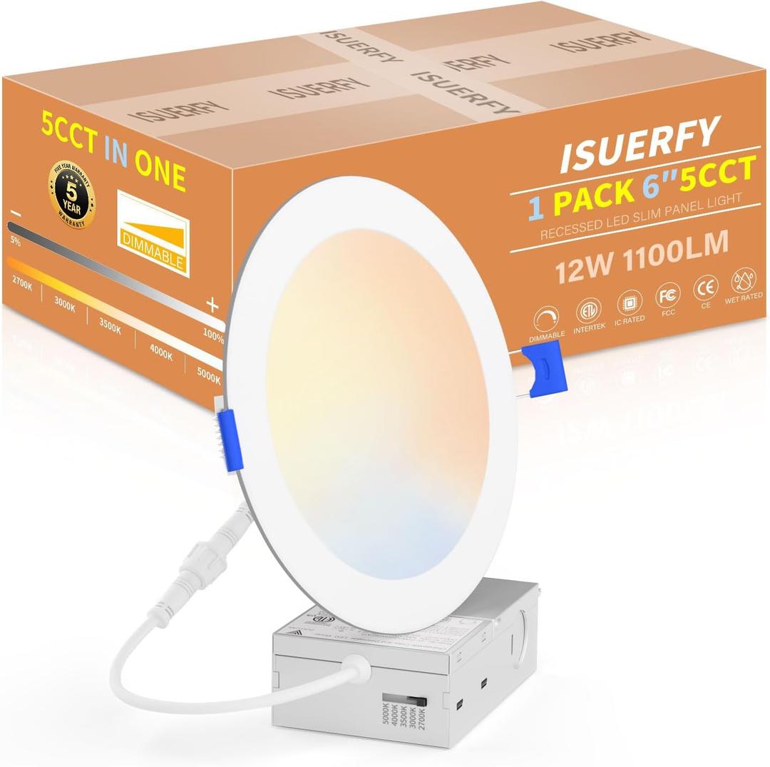 1 Pack 6 Inch 5CCT Ultra-Thin LED Recessed Ceiling Light with Junction Box, 2700K/3000K/3500K/4000K/5000K Selectable, 12W 1100LM Dimmable Canless Wafer Downlight for Kitchen Hallway, ETL&FCC