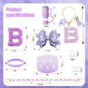 2 x 9PCS Bling Stanley Cup Accessories for 30oz & 40oz Tumbler with handle,Including Initials Charm,Leather Handle Strap,Straw Bow Decorate,Straw Topper,Boot,Spill Proof Stopper,Sticker(Purple B)