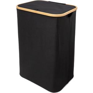 QUALIAZERO 87L Laundry Hamper with Lid  Single Section Bamboo Frame Hamper with Removable Inner Bag & Pull-Tab Cover, Slim Design for Bedroom, Bathroom, or Laundry Room (ONYX BLACK, SINGLE)