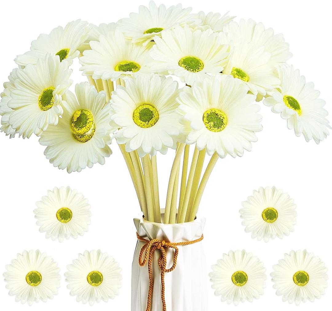 WILLBOND 18 Pieces Artificial Gerbera Daisies Flowers Fake Daisy Faux Flowers Bouquet 15 Inch for Wedding Bridal Bouquet Party Home Kitchen Decor (White)