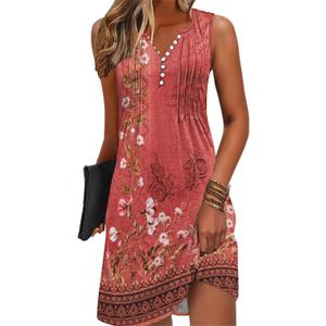 Disamer Beach Dresses for Women 2026 Vacation Swim Cover up V-Neck Summer Dress Button Down Sleeveless Boho Floral Sundress (Medium, Flower Wallpaper Red)