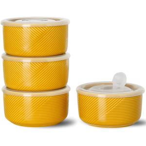 Ceramic Bowls with Lids: 20 oz Microwave Safe Food Storage Containers for Soup, Salad, Cereal, Leftovers, Meal Prep, Lunch, Picnic, Camping, Serving - Airtight, Yellow, Set of 4