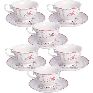 fanquare Vintage Porcelain Tea Set for Women Tea Party, Cup and Saucer Set for 6, Wedding Floral Teapot Set for Adults, Pink Rose