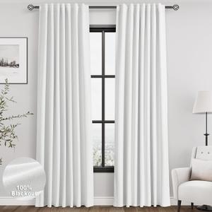 White Linen Blackout Curtains 84 Inches Long 2 Panels for Living Room Back Tab Modern Cotton Textured Pure White Black Out Curtains Heating Blocking Linen Curtain Panels for Bedroom Nursery Kids