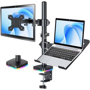 RGB Monitor and Laptop Mount Stand with 3 USB Ports, Charging and USB Data Transfer, Adjustable laptop stand for 13" to 32" Screen and 11"-17” Laptop, Holds 18lbs/Arm, 75x75/100x100 VESA, C-Clamp