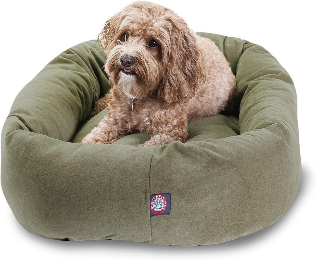 Majestic Pet 32 Inch Suede Calming Dog Bed Washable 32x23x7 (Inch)  Cozy Soft Round Donut Dog Bed with Spine Support for Dogs to Rest Their Head - Pet Bed Medium  Sage