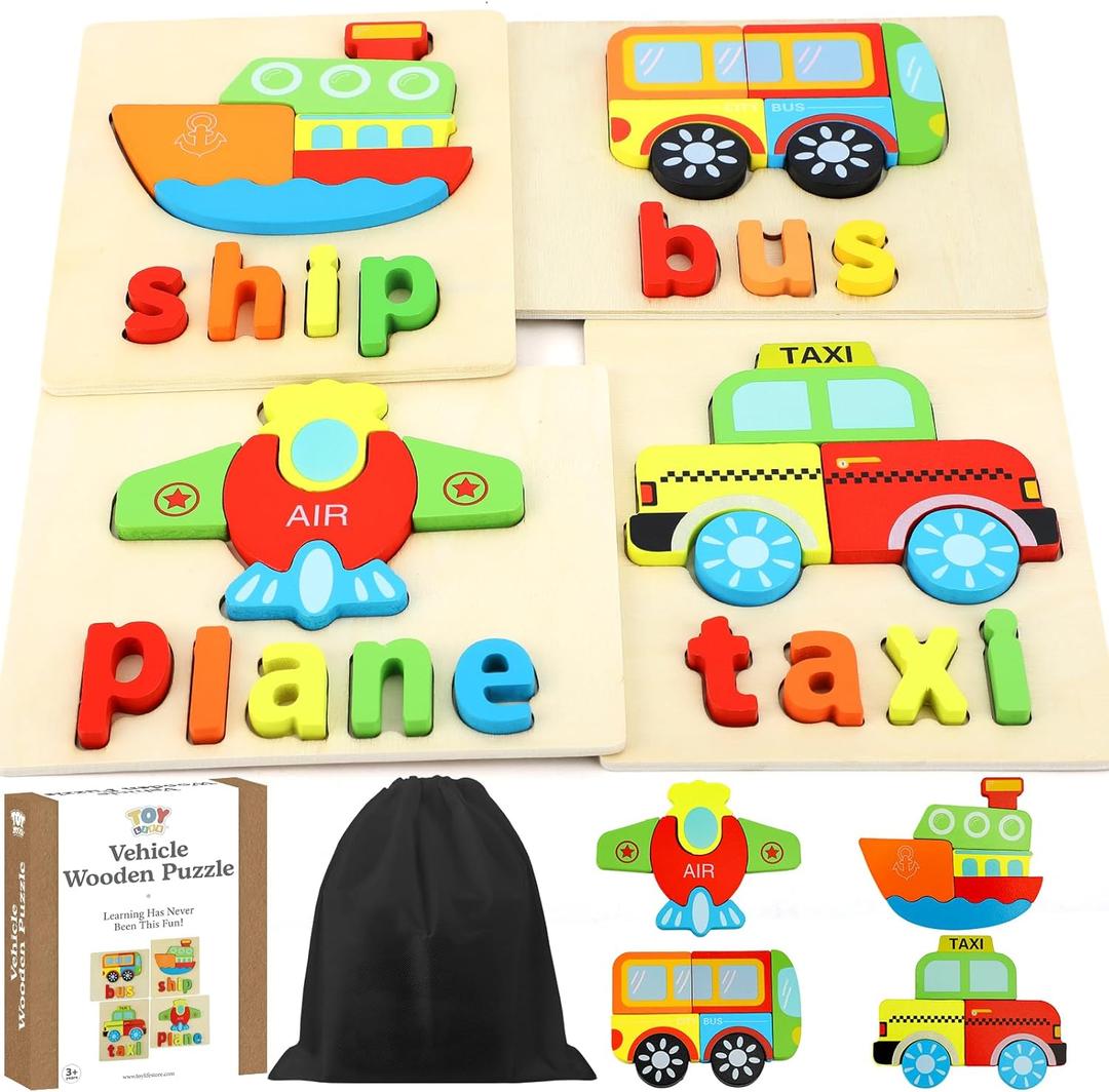 TOY Life Toddler Puzzles Ages 2-4, 4 Vehicles with Spelling Wooden Puzzles for Toddlers 3-5, Montessori Toys Gifts for 1 2 3 Years Old Boys Girls, Christmas Birthday Gifts Learning Toys for Kids