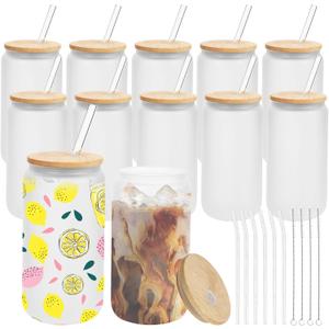 MOVNO 12 Pack Frosted Glass Cups  16oz Beer Can Shaped Tumblers with Bamboo Lids and Straws for Iced Coffee, Juice, Soda Drinks