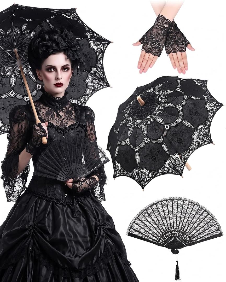 Paterr 3 Pcs White Lace Parasol Set Wedding Umbrella with Fan & Gloves