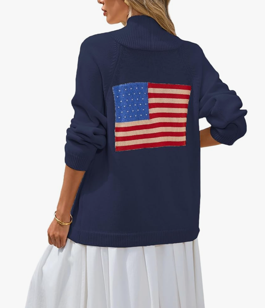 Women's American Flag Cardigan Long Sleeve Shawl Collar Button Down Fall Chunky Knit Varsity Sweater, L