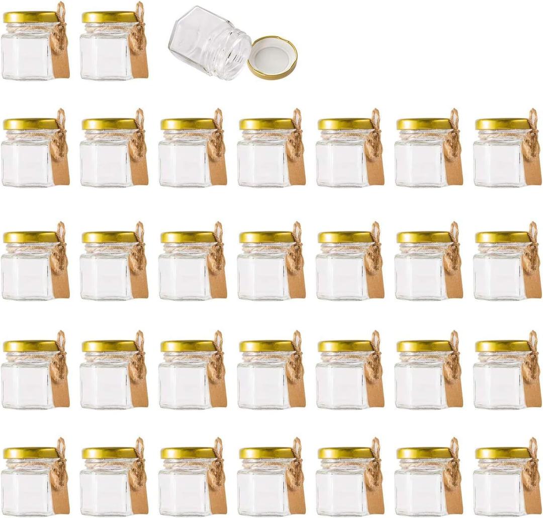1.5 oz Clear Hexagon Jars,Small Glass Honey Jars With Lids(golden),Mason Jars For Herbs,Foods,Jams, Liquid,Party Favor,Mini Spice Jars For Storage 30 Pack