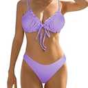 ZAFUL Women's Ruffled Bikini Lace Up Swimsuit High Cut Spaghetti Strap Two Piece Bathing Suit (Light Purple M)
