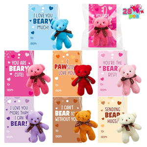 28 Pack Valentiens Day Gifts for Kids School Valentines Day Cards with Mini Bear Plush Toy Keychains, Valentines for Kids Classroom Valentines Exchange Gifts Class Valentines Party Favors for Boy Girl