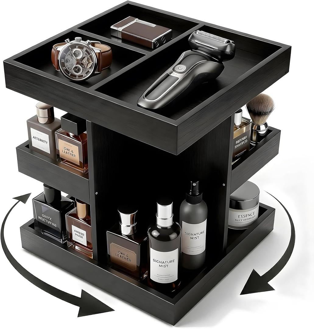 360 Rotating Cologne Organizer for Men - Heavy-Duty Wood Grooming Station | Perfume Stand & 9-Compartment Dresser Display for Shaving Kit, Skincare & EDC. Luxury Gift for Husband, Dad & Son, Black