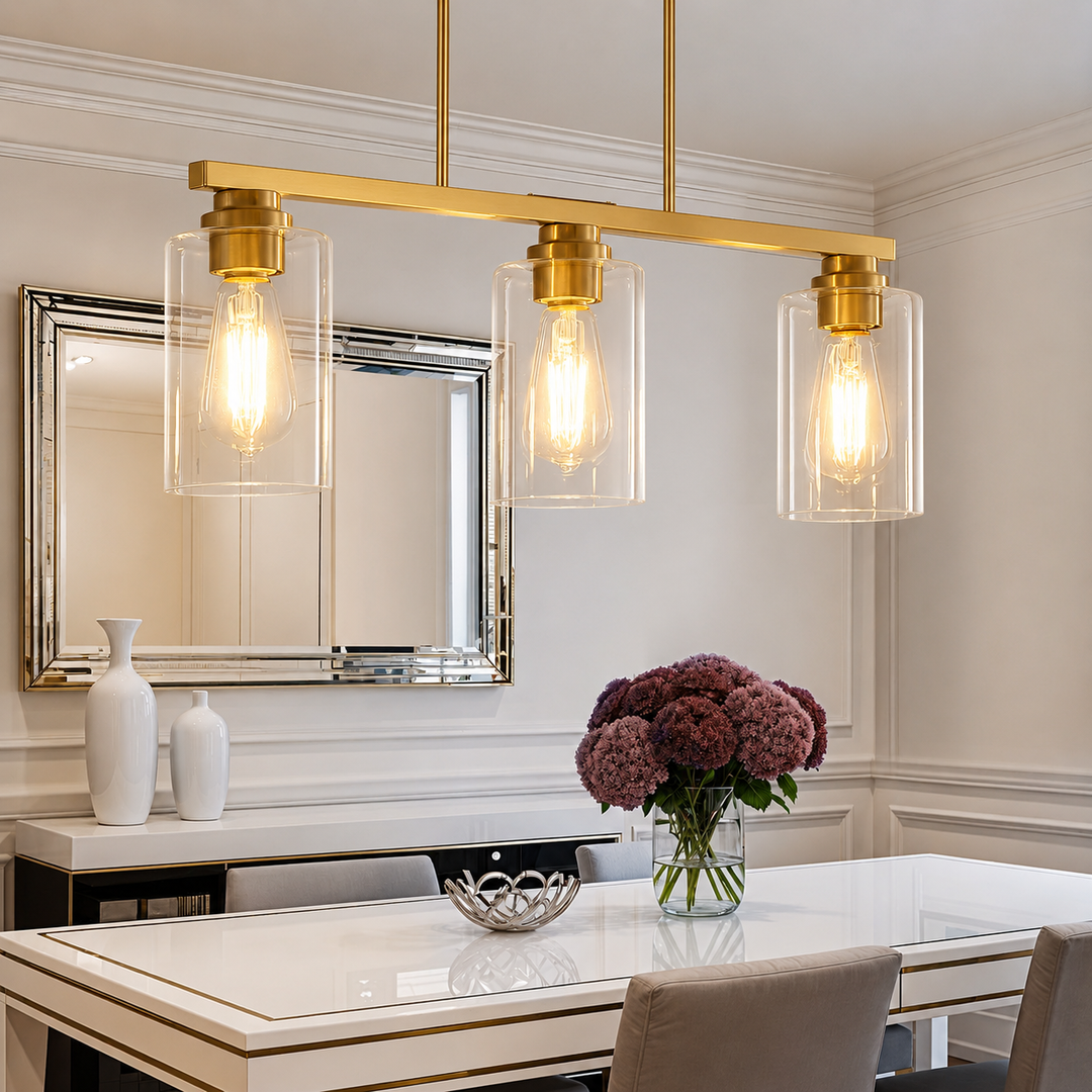 Mecgirn Island Light for Kitchen, Brushed Gold Dining Room Light Fixture Over Table, 3-Light Linear Chandelier Pendant Lighting for Dining Table Kitchen Island Living Room