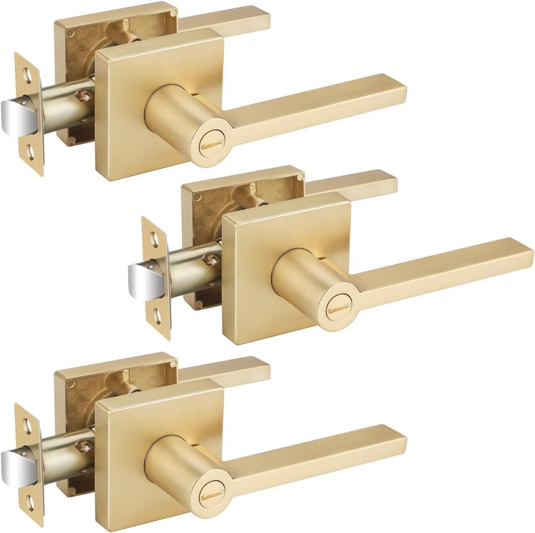EHOMEWARE 3 Pack Gold Door Handles, Heavy Duty Door Knobs Interior for Bedroom Bathroom, Zinc Alloy Privacy Door Levers Door Handle with Lock, Satin Brass Modern Door Hardware & Locks, 3, Privacy Door Lever
