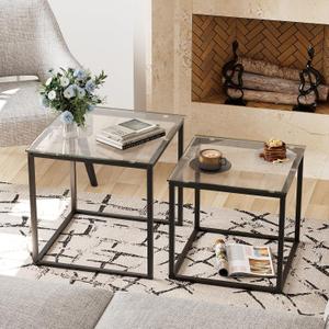 Garden 4 you Coffee Table Set of 2, Modern Glass Nesting Table, Metal Frame Square Center Table Set, Side Tables, Nesting Coffee Table for Living Room, Bedroom and Small Spaces, 19.7in Black