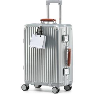24 Inch Hardside Checked Luggage with Leather Handle, PC Zipperless Suitcase with Spinner Wheels and TSA Locks, Lightweight Checked Luggage for Travel, Silver