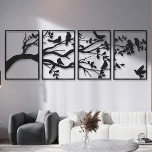 AMAATE Modern Abstract Wall Art Set, Black Metal Wall Decoration, 4-piece Hollow Iron Geometry Art for Living Room Home Decoration (Decorative Art, Tree of Life, 17.7 "X 26.4")
