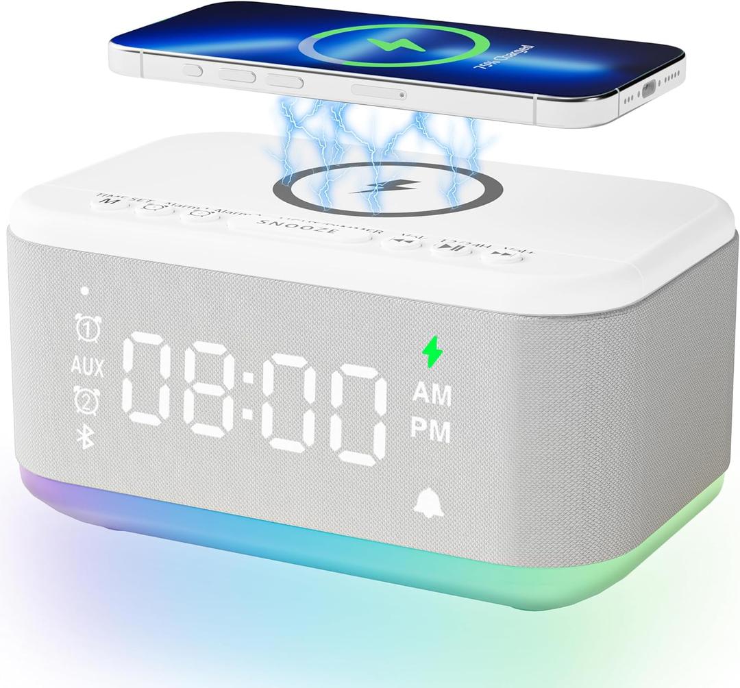 Alarm Clock Speaker Wireless Charger, Digital Alarm Clocks Bedrooms Bluetooth, Alarm Clock Dimmable Light Bedrooms Dual Alarm Snooze Dimmer 12 24H RGB Night Light Bluetooth USB AUX, White