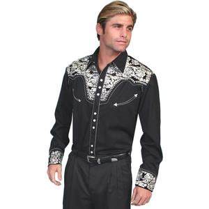 Traditional Gunfighter Floral Design Long Sleeve Western Mens Shirts (Black, M)