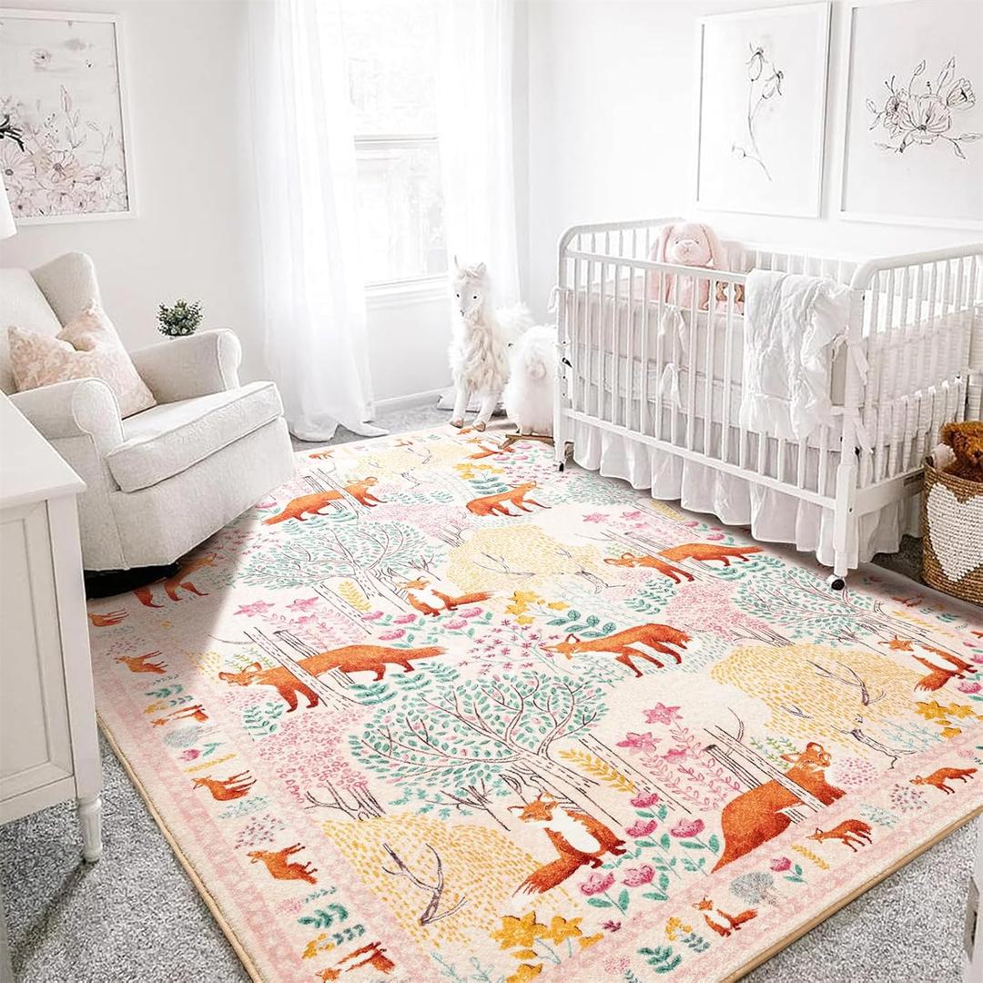 Estmy Pink Woodland Nursery Rug Washable, Thin Profile 5x7 Area Rug Stain Resistant, Cute Fairy Forest Animals Kids Rug, Modern Abstract Nature Area Rug Carpet for Bedroom Dorm Living Room Classroom