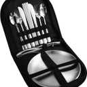 Stainless Steel Outdoor Camping Mess Kits - Includes Forks, Spoons, Knives, Chopsticks, Food Clip, Plates - Portable Cutlery Bag
