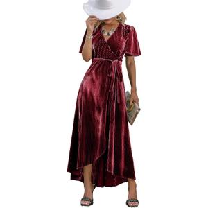 BerryGo Women's Velvet V Neck Wrap Semi Formal Dress Cocktail Party Maxi Dress for Wedding Guest (XS, Z-velvet Wine Red)